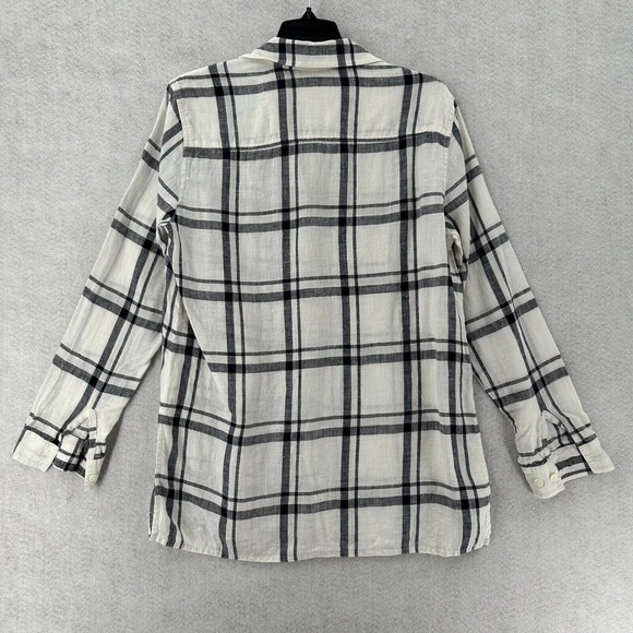 Talbots Collection Blouse Womens 4 Ivory & Black Plaid Button Up 100% Linen Top - Picture 2 of 14